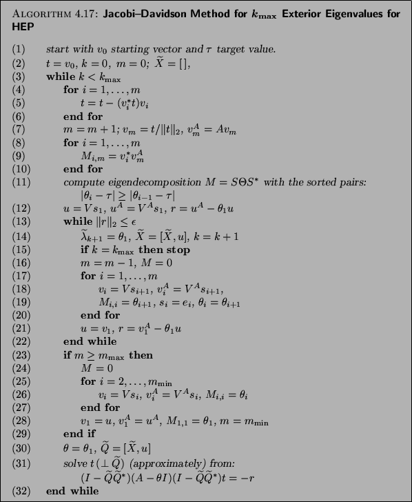 Algorithm 4.17: Jacobi--Davidson Method for ${k}_{\max}$ Exterior Eigenvalues