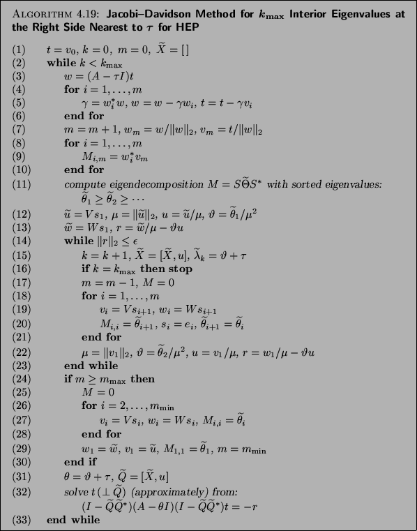 Algorithm 4.19: Jacobi--Davidson Method for ${k}_{\max}$ Interior Eigenvalues at the Right Nearest to $\tau$ for HEP